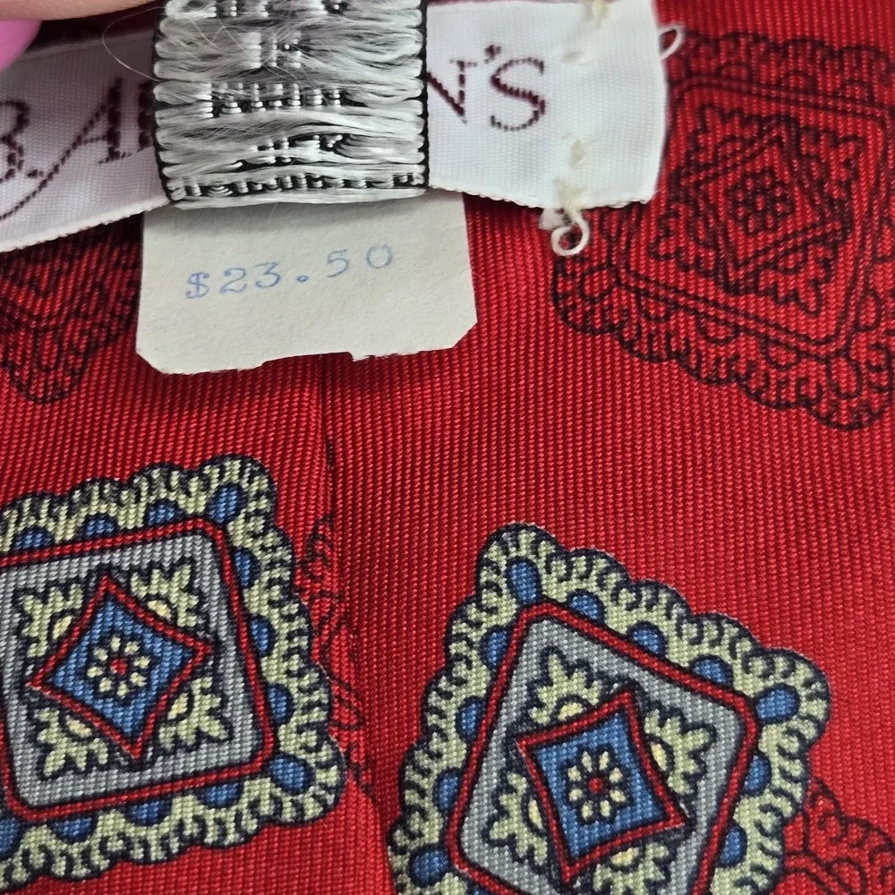 Vtg B. Altman & Co Tie Mens Silk Red Blue Geometric Medallion‎ Luxury Deadstock